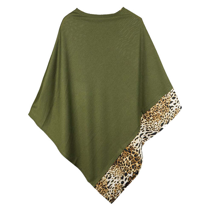 Olive Leopard Trim Solid Poncho Olive Leopard Trim Poncho Leopard Trim Ruana Shawl, cozy, warm pullover ladies animal print trim poncho makes the perfect fashion statement this winter, Slip this on to add instant gorgeousness to your look! Perfect Gift Birthday, Christmas, Anniversary, Holiday, Valentine;s Day, Sister, Mom, Wife