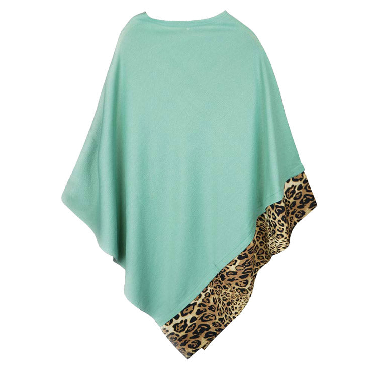 Mint Leopard Trim Solid Poncho Mint Leopard Trim Poncho Leopard Trim Ruana Shawl, cozy, warm pullover ladies animal print trim poncho makes the perfect fashion statement this winter, Slip this on to add instant gorgeousness to your look! Perfect Gift Birthday, Christmas, Anniversary, Holiday, Valentine;s Day, Sister, Mom, Wife