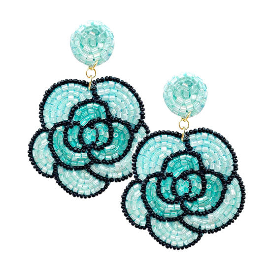 Turquoise Felt Back Beaded Flower Dangle Earrings. Gift someone or yourself these ultra-chic earrings, they will take your look up a notch, versatile enough for wearing straight through the week, perfectly lightweight for all-day wear, coordinate with any ensemble from business casual to everyday wear, the perfect addition to every outfit. Adds a touch of nature-inspired beauty to your look.