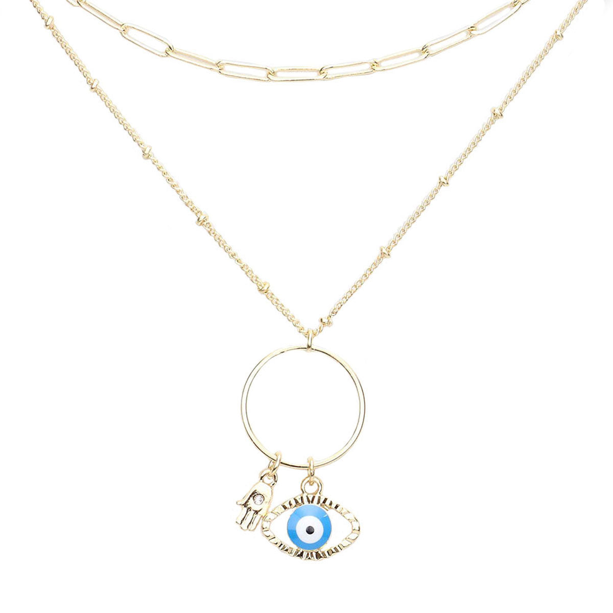 Turquoise Open Metal Circle Hamsa Hand Evil Eye Link Pendant Double Layered Necklace, Get ready with these Pendant Double Layered, put on a pop of color to complete your ensemble. Perfect for adding just the right amount of shimmer & shine . Perfect Birthday Gift, Anniversary Gift, Mother's Day Gift, Graduation Gift.