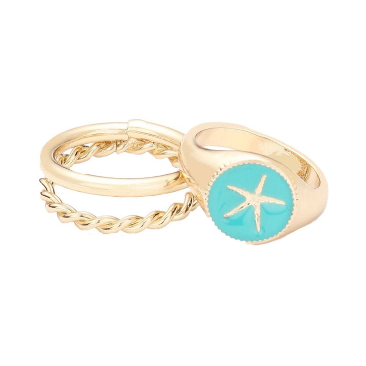 Turquoise 2PCS Starfish Accented Enamel Round Split Metal Stylish Mixed Rings; these beautiful metal rings show off your trendsetting style; show your fashion sense with this high-polish ring set with enamel starfish detail, etched and polished design. Perfect for Birthdays, Anniversary, Mother's Day, Vacation, Just Because Gift