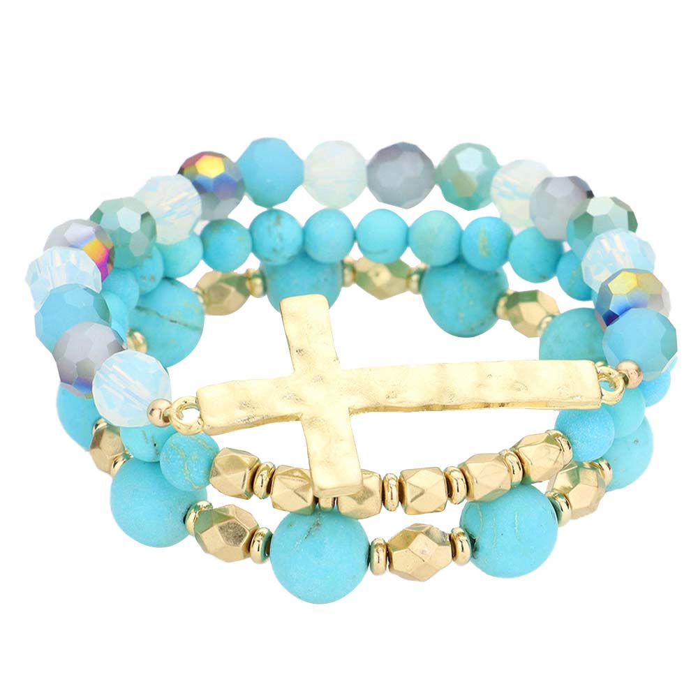 Turquoise 3PCS Hammered Metal Cross Pendant Beaded Layered Bracelets,  Add this 3 piece beaded layered bracelet to light up any outfit, feel absolutely flawless. Fabulous fashion and sleek style adds a pop of pretty color to your attire, coordinate with any ensemble from business casual to everyday wear. Pair these with tees and jeans and you are good to go. Perfect gift idea for Birthday, Anniversary, Prom Jewelry, Thank you Gift or any special occasion.