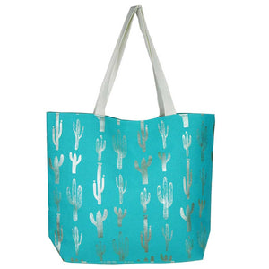 Turquoise Cactus Foil Beach Bag, Show your trendy side with this awesome cactus print beach tote bag. Spacious enough for carrying any and all of your seaside essentials. The soft rope straps really helps carrying this shoulder bag comfortably. Folds flat for easy packing. Perfect as a beach bag to carry foods, drinks, big beach blanket, towels, swimsuit, toys, flip flops, sun screen and more.