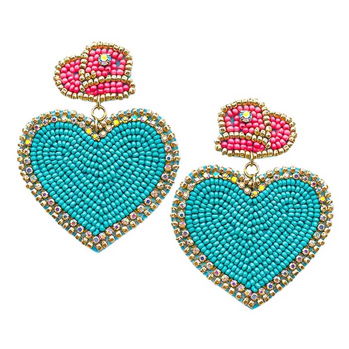 Turquoise Felt Back Beaded Hat Heart Link Dangle Earrings, take your love for statement accessorizing to a new level of affection with these heart-dangle earrings. Accent all of your dresses with the extra fun vibrant color with these heart-dangle earrings. Wear these lovely earrings to make you stand out from the crowd & show your trendy choice this valentine. 
