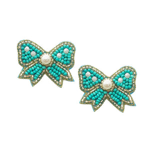 Turquoise Felt Back Pearl Seed Beaded Bow Earrings. perfect for the festive season, embrace the occasion spirit with these cute enamel Bow Earrings, these sweet delicate gift earrings are sure to bring a smile to your face. Surprise your loved ones on beautiful occasion. Great gift idea for Wife, Mom, or your Loving One.