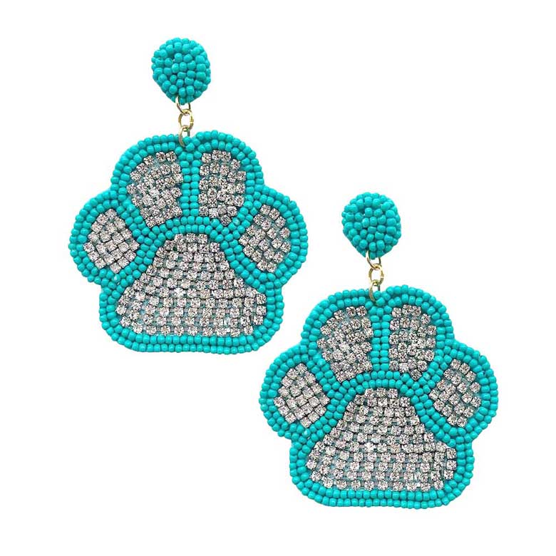 Turquoise Felt Back Seed Beaded Trimmed Bling Paw Dangle Earrings, Seed Beaded Trimmed Bling Paw Dangle earrings fun handcrafted jewelry that fits your lifestyle, adding a pop of pretty color. Enhance your attire with these vibrant artisanal earrings to show off your fun trendsetting style. Great gift idea for Wife, Mom, or your Loving One.
