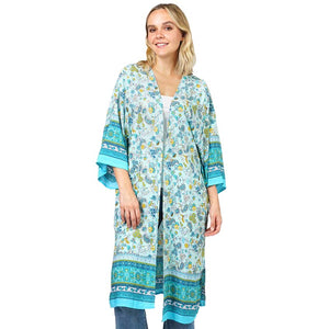 Turquoise Floral Patterned Cover Up Kimono Poncho, Lightweight and soft brushed fabric exterior fabric that makes you feel more comfortable. A fashionable eye-catcher will quickly become one of your favorite accessories, looking breezy and cool as you head to the beach. 