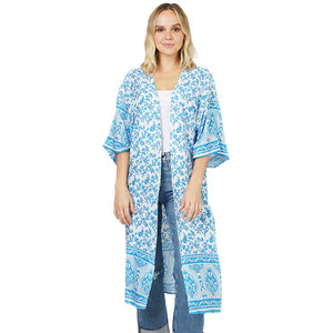 Turquoise Floral Patterned Cover Up Kimono Poncho,  this timeless Kimono Poncho is Soft, lightweight, and breathable fabric that makes you feel more comfortable. A fashionable eye-catcher, will quickly become one of your favorite accessories, Look perfectly breezy and laid-back as you head to the beach.