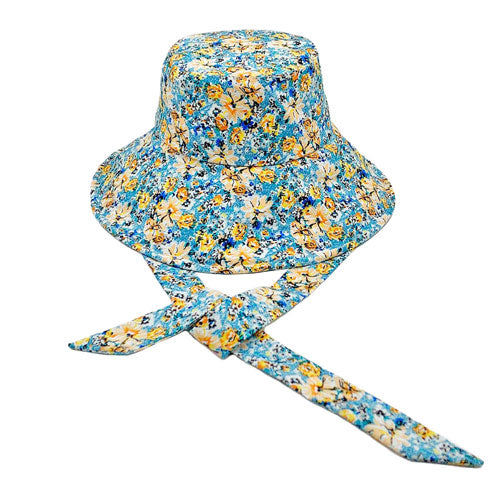 Turquoise Flower Patterned Chin Tie Bucket Hat. Let your love for Summer bloom with these Bucket Hat. Packable and super convenient to carry, can also be easily carried inside your bags. Perfect for protecting you on a hot Summer day at the beach or keeping cool on the streets all while having your style completely intact!