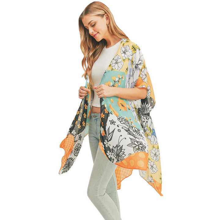 Turquoise Flower Print Cover Up Kimono Poncho, Absolutely fab for this summer & spring season to amp up your attire & make you comfortable in dressing up. These kimonos feature a beautiful flower pattern that is easy to pair with so many tops. Lightweight and breathable fabric, comfortable to wear. Suitable for weekends, work, holidays, beach, parties, clubs, nights, evenings, dates, casual and other occasions in spring, summer & autumn.