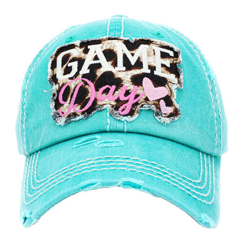 Pink GAME Day Vintage Baseball Cap. Fun cool Leopard Mother Sports themed vintage cap. Perfect for walks in sun, great for a bad hair day. The distressed  frayed style with faded color gives it an awesome vintage look. Soft textured, embroidered message with fun statement will become your favorite cap.