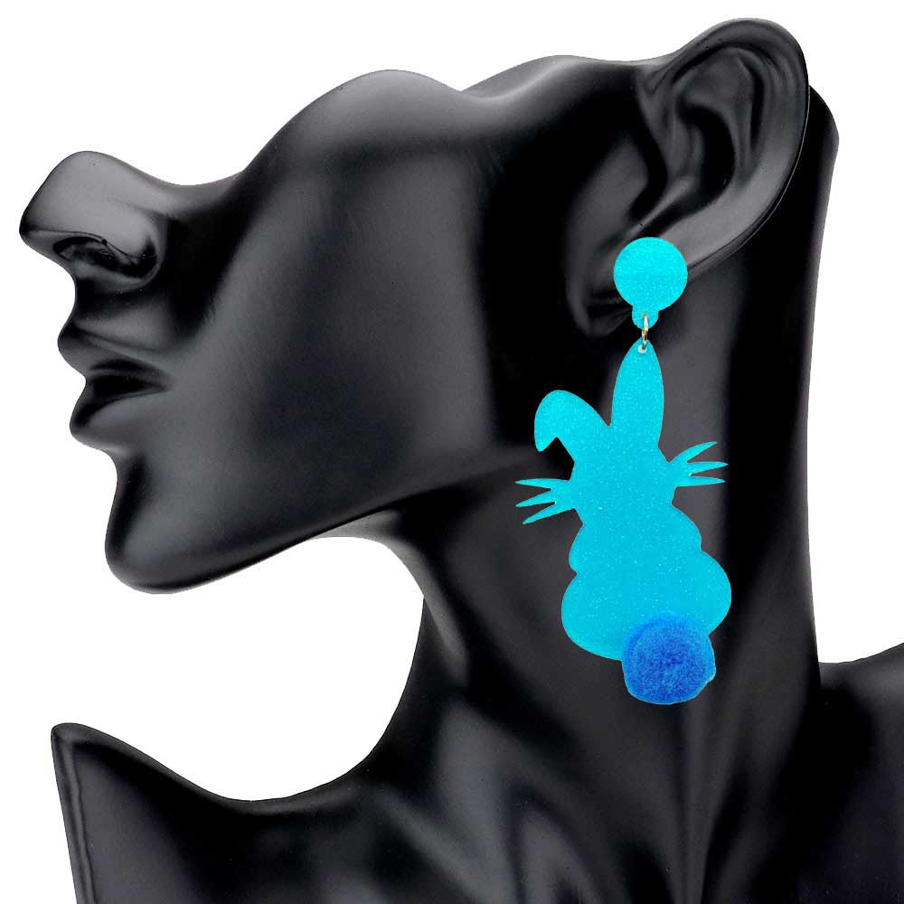 Turquoise Glittered Resin Easter Bunny Pom Pom Tail Dangle Earrings, perfect for the festive season, embrace the Easter spirit with these cute pom pom tail earrings, these adorable dainty gift earrings are bound to cause a smile or two. Surprise your loved ones on this Easter Sunday occasion, great gift idea for Wife, Mom, or your Loving One.