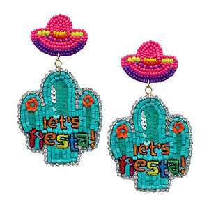 Turquoise Lets Fiesta Felt Back Sequin Beaded Cactus Dangle Earrings. Are you ready for a fiesta? These eye-catching earrings put people into a fiesta state of mind. With fun beads and a colorful, Cactus fiesta charm, these earrings will get attention and are sure to make people smile and think of celebrating. Surprise your loved ones on this Cinco de Mayo gatherings, Mardi Gras celebrations and more. 