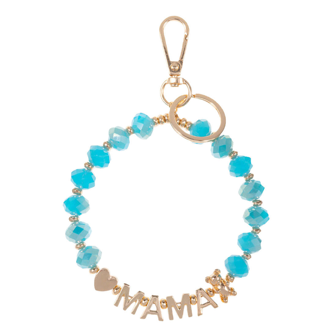 Turquoise Mama Message Heart Bear Pointed Faceted Beaded Key Chain Bracelet. Make your mom feel special with this gorgeous Infinity Bracelet gift! Her heart will swell with joy!  This mom's bracelet is the best appreciation gift and regards to love, sacrifice, pain and care both given and taken in playing her role of mother in the family. Perfect Mother's Day gift for all the special women in your life, be it mother, wife, sister or daughter..