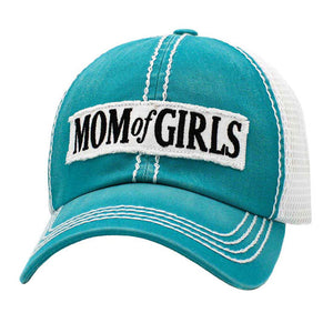 Turquoise Mom Of Girls Message Mesh Back Baseball Cap. Fun cool message themed Mom Of Girl baseball cap is made for you. It's fully adjustable and easy to style! Perfect to keep your hair away from you face while exercising, running, playing tennis or just taking a walk outside. Adjustable Velcro strap gives you the perfect fit. The variation color gives it an awesome vintage look.