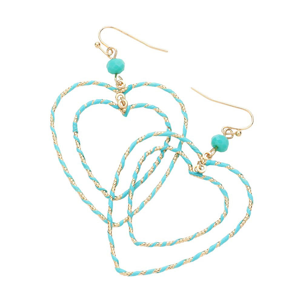 Turquoise Raffia Wrapped Double Open Heart Link Dangle Earrings, enhance your attire with these beautiful raffia-wrapped dangle earrings to show off your fun trendsetting style. It can be worn with any daily wear such as shirts, dresses, T-shirts, etc. These heart-link dangle earrings will garner compliments all day long. 
