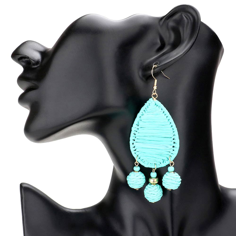 Turquoise Raffia Wrapped Teardrop Triple Ball Link Dangle Earrings, enhance your attire with these beautiful raffia-wrapped teardrop earrings to show off your fun trendsetting style. Can be worn with any daily wear such as shirts, dresses, T-shirts, etc. These triple-ball link dangle earrings will garner compliments all day long. 