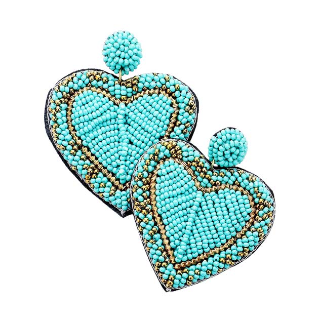 Turquoise Seed Bead Heart Earrings,  Wear these gorgeous earrings to make you stand out from the crowd & show your trendy choice. The beautifully crafted design adds a gorgeous glow to any outfit. Put on a pop of color to complete your ensemble in perfect style. These Heart-themed earrings are perfect for adding just the right amount of shimmer & shine. Perfect for Birthday Gifts, Anniversary gifts, Mother's Day Gifts, Graduation gifts, and Valentine's Day gifts. Stay unique & beautiful!