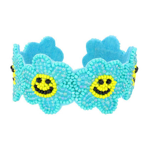 Turquoise Seed Beaded Smile Flower Cuff Bracelet, jewelry that fits your lifestyle, adding a pop of pretty color. Enhance your your attire with this vibrant beautiful modish smile flower cuff bracelet. Goes with any of your casual outfits and Adds something extra special. Great gift idea for Birthday, Mothers day, Friendship Day or any other special day.