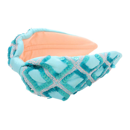 Diadema con nudo desgastado, estampado de cuadros y cuentas de lentejuelas - Turquesa