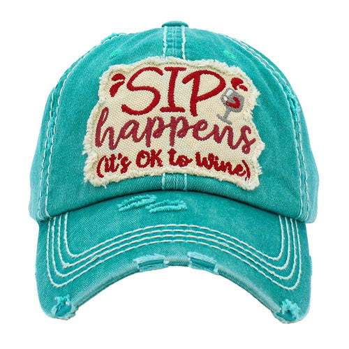 Turquoise Sip Happens Its Ok To Wine Vintage Baseball Cap, it is an adorable baseball cap that has a vintage look, giving it that lovely appearance. This message themed wine Cap is perfect for your beach vacation or drinking by the pool! Fun cool vintage cap perfect for those who love to drink wine. Perfect for walking in the sun or rain. No matter where you go on the beach or summer party it will keep you cool and comfortable.