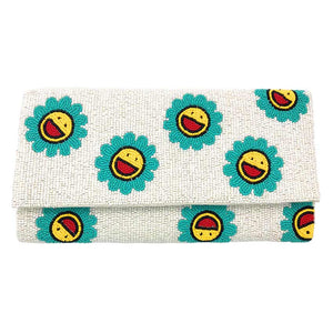 Turquoise Smile Flower Seed Beaded Clutch Crossbody Bag, Look like the ultimate fashionista when carrying this small Clutch bag, great for when you need something small to carry or drop in your bag. Keep your keys handy & ready for opening doors as soon as you arrive.
