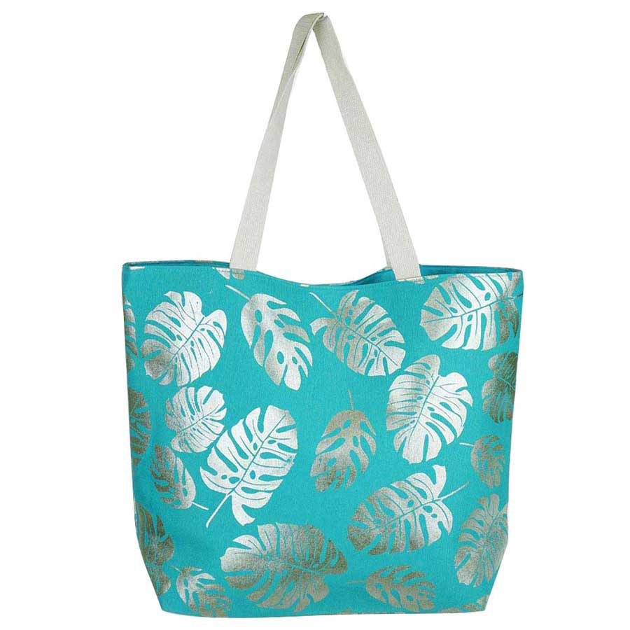 Turquoise Tropical Leaves Foil Beach Bag, Show your trendy side with this awesome Flower & Leaf beach tote bag. Spacious enough for carrying any and all of your seaside essentials. The soft rope straps really helps carrying this shoulder bag comfortably. Folds flat for easy packing. Perfect as a beach bag to carry foods, drinks, big beach blanket, towels, swimsuit, toys, flip flops, sun screen and more.