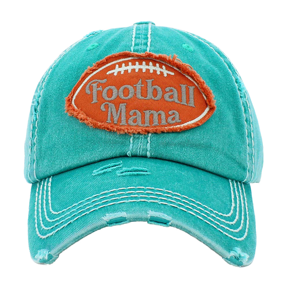 Turquoise Football Mama Vintage Baseball Cap, show your trendy choice with this beautiful Baseball Cap. Perfect to keep the sun out of your eyes, and to pull your hair back during exercises such as walking, running, biking, hiking, and more! The faded color gives it an awesome vintage look. Soft textured, adjustable back, embroidered message, and distressing contrast stitching baseball cap will become your favorite cap. Have fun with the perfect access