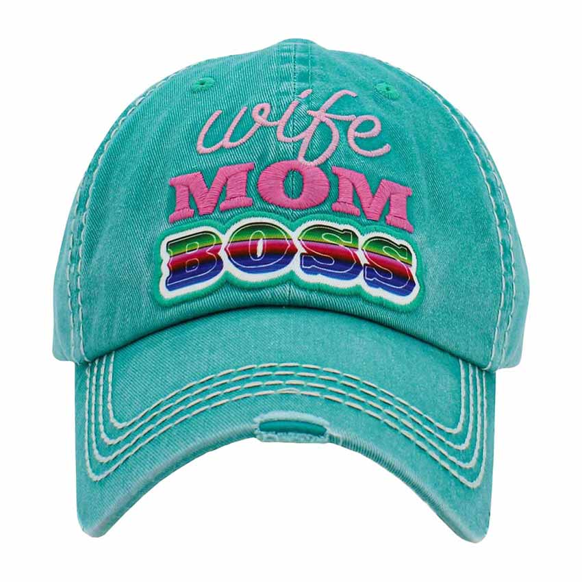 Turquoise Wife Mom Boss Message Vintage Baseball Cap, Fun is a cool vintage cap perfect for who is in charge of the home, it is an adorable baseball cap that has a vintage look, giving it that lovely appearance. These stylish vintage caps all feature catchy message themes that are sure to grab some attention. 