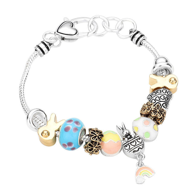 Two Tone Metal Easter Bunny Enamel Rainbow Multi Bead Charm Bracelet, beautifully crafted metal Bead charm bracelet that will complement your Easter Sunday ensemble. Bracelet goes perfect with a t-shirt, summer dress or work clothes. Surprise your loved ones with a great present idea for Wife, Mom, or your Loving One.