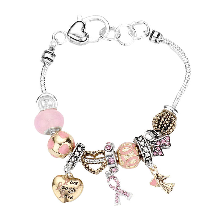 Two Tone Pink Ribbon Angel Heart Multi Bead Charm Bracelet, Get ready with these bright Bracelet, put on a pop of color to complete your ensemble. Perfect for adding just the right amount of shimmer & shine and a touch of class to special events. Perfect Birthday Gift, Anniversary Gift, Mother's Day Gift, Graduation Gift.