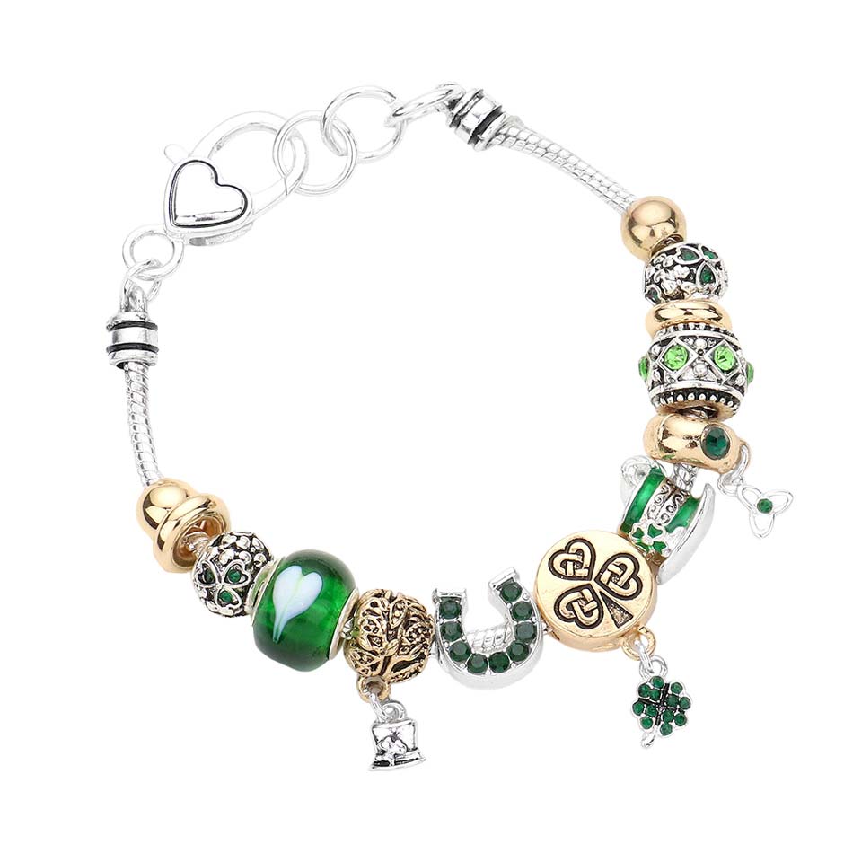 Two Tone St. Patrick's Day Clover Hat Horseshoe Multi Bead Bracelet, This beautiful bracelet matches your St. Patrick's Day clothing. This expounds your St. Patrick's Day party and attracts everyone's attention. This bracelet can be fit for St. Patrick's Day parties, night parties, carnivals, festivals, etc. Fabulous fashion and sleek style add a pop of pretty color to your attire.