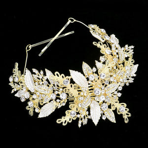 Two Tone Stone Embellished Leaf Cluster Bun Wrap Headpiece. Keep your hairstyle as glamorous as you are with this Stone headpiece! Add spectacular sparkle into your hair do. Perfect for adding just the right amount of shimmer & shine, will add a touch of class, beauty and style to your wedding, prom, special events, embellished flower leaf cluster to keep your hair sparkling all day & all night long. 