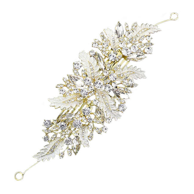 Two Tone Stone Embellished Leaf Cluster Hair Comb. Perfect for adding just the right amount of shimmer & shine, will add a touch of class, beauty and style to your wedding, prom, special events, embellished glass crystal to keep your hair sparkling all day & all night long.