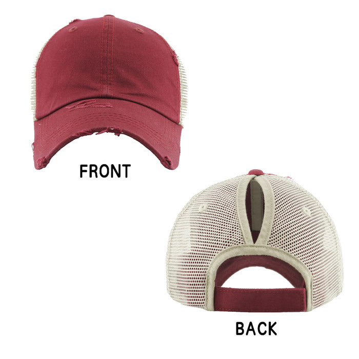 Distressed Burgundy Mesh Ponytail Trucker Cap Vintage Burgundy Mesh Ponytail Baseball Cap, comfy vintage cap great for a bad hair day, pull your bun or ponytail thru the back opening, keep your hair away from face while exercising, running, playing sports or just taking a walk. Perfect Birthday Gift, Mother's Day Gift, Anniversary Gift, Thank you Gift, Graduation