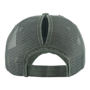 Distressed Dark Gray Mesh Ponytail Trucker Cap Vintage Dark Gray Mesh Ponytail Baseball Cap, comfy vintage cap great for a bad hair day, pull your bun or ponytail thru the back opening, keep your hair away from face while exercising, running, playing sports or just taking a walk. Perfect Birthday Gift, Mother's Day Gift, Anniversary Gift, Thank you Gift, Graduation