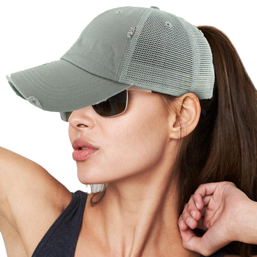 Distressed Light Gray Mesh Ponytail Trucker Cap Vintage Light Gray Mesh Ponytail Baseball Cap, comfy vintage cap great for a bad hair day, pull your bun or ponytail thru the back opening, keep your hair away from face while exercising, running, playing sports or just taking a walk. Perfect Birthday Gift, Mother's Day Gift, Anniversary Gift, Thank you Gift, Graduation