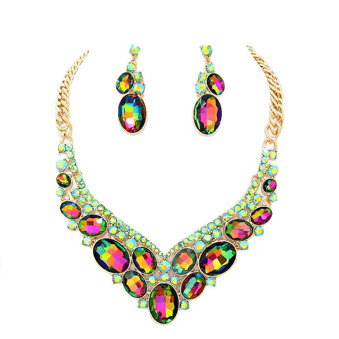 Vitrail Oval Glass Crystal Evening Necklace, Glass Statement Crystal stunning jewelry set will sparkle all night long making you shine out like a diamond. make a stylish addition to your fashion necklace and jewelry collection. put on a pop of color to complete your ensemble. perfect for a night out on the town or a black tie party, Perfect Gift, Birthday, Anniversary, Prom, Mother's Day Gift, Wedding, Bridesmaid etc.