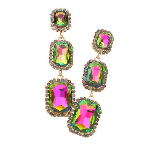 Triple Emerald Cut Stone Link Dangle Evening Earrings - Vitrail