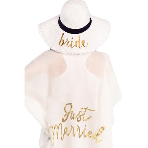 White C.C "Just Married" Beach Cover Up; Beach, Poolside chic made easy with this lightweight short sleeve Cover Up featuring relaxed silhouette, great over swimsuits or favorite blouse & slacks, Perfect Birthday Gift, Anniversary Gift, Bridal Party, Wedding Party, Bachelorette, Bride, Honeymoon, Beachwear, Comfy Cover Up