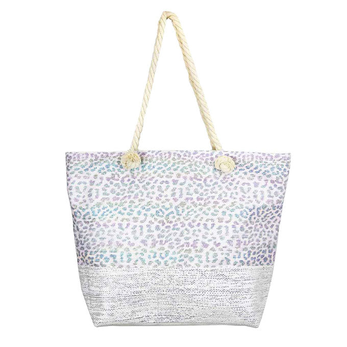 White Iridescent Leopard Print Beach Bag. Whether you are out shopping, going to the pool or beach, this zebra print bag is the perfect accessory. Spacious enough for carrying any and all of your seaside essentials. The soft rope straps really helps carrying this tie due shoulder bag comfortably. Folds flat for easy packing. Perfect Birthday Gift, Anniversary Gift, Mother's Day Gift, Vacation Getaway or Any Other occasions.