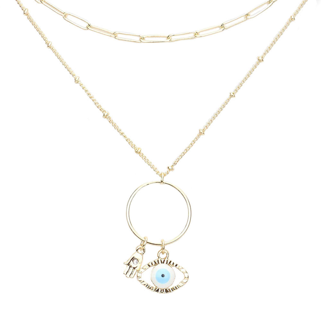 White Open Metal Circle Hamsa Hand Evil Eye Link Pendant Double Layered Necklace, Get ready with these Pendant Double Layered, put on a pop of color to complete your ensemble. Perfect for adding just the right amount of shimmer & shine . Perfect Birthday Gift, Anniversary Gift, Mother's Day Gift, Graduation Gift.