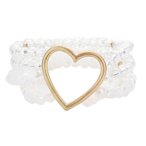 White Open Metal Heart Accented Multi Layered Faceted Beaded Stretch Bracelet. Beautifully crafted design adds a gorgeous glow to any outfit. Jewelry that fits your lifestyle! Perfect Birthday Gift, Anniversary Gift, Mother's Day Gift, Anniversary Gift, Graduation Gift, Prom Jewelry, Just Because Gift, Thank you Gift.