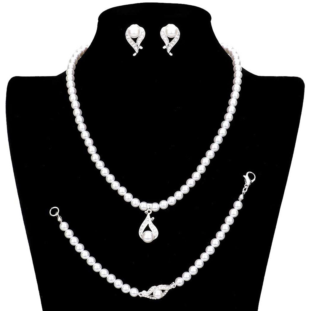 White 3PCS Crystal detail pearl strand necklace jewelry set, These Necklace jewellery sets are Elegant. Beautifully crafted design adds a gorgeous glow to any outfit.  Perfect for adding just the right amount of shimmer & shine and a touch of class to special events. Suitable for wear Party, Wedding, Date Night or any special events. Perfect Birthday, Anniversary, Prom Jewelry, Thank you Gift. 