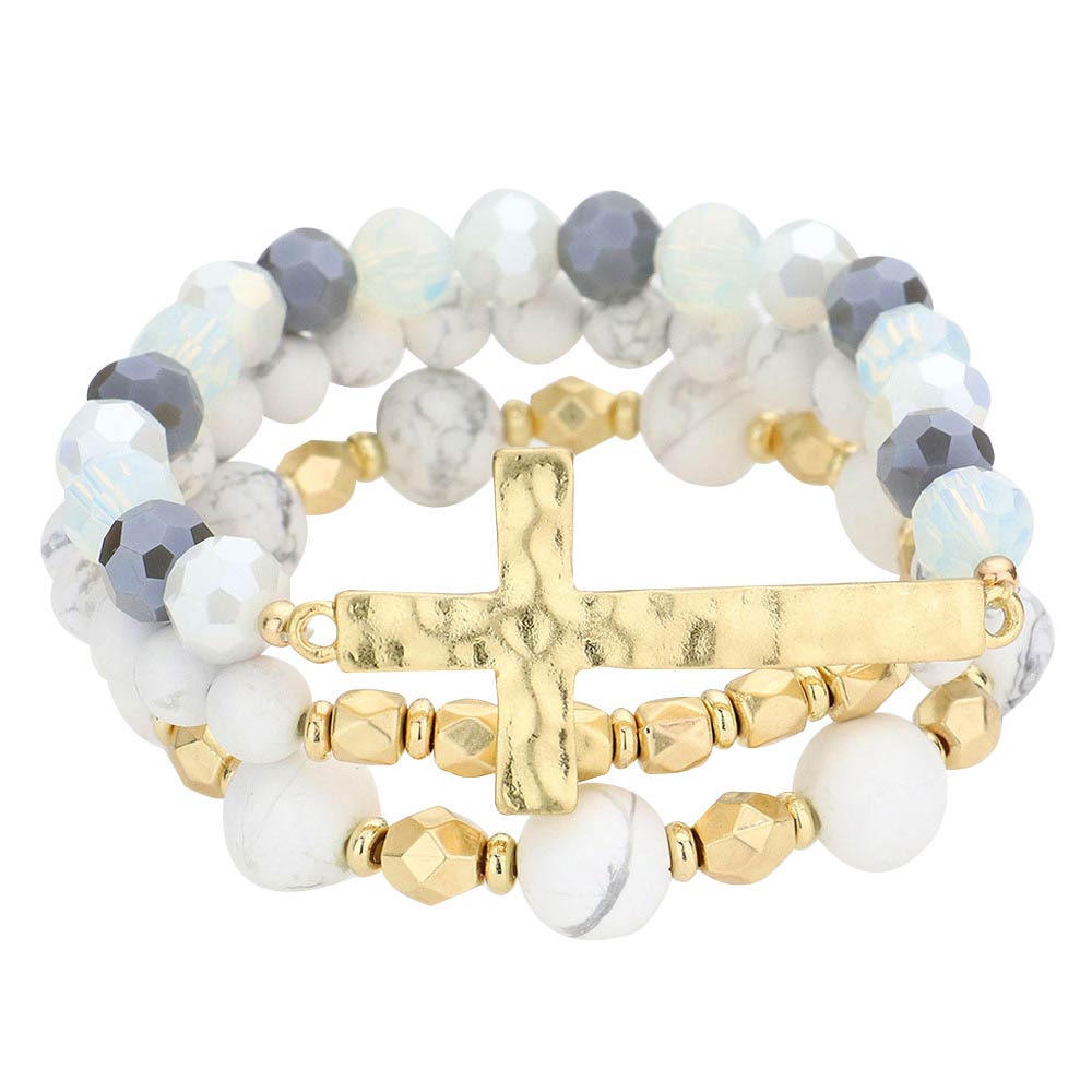 White 3PCS Hammered Metal Cross Pendant Beaded Layered Bracelets,  Add this 3 piece beaded layered bracelet to light up any outfit, feel absolutely flawless. Fabulous fashion and sleek style adds a pop of pretty color to your attire, coordinate with any ensemble from business casual to everyday wear. Pair these with tees and jeans and you are good to go. Perfect gift idea for Birthday, Anniversary, Prom Jewelry, Thank you Gift or any special occasion.
