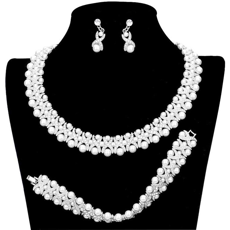 White 3Rows 3PCS Pearl Crystal Rhinestone Necklace Jewelry Set. These Necklace jewelry sets are Elegant. Beautifully crafted design adds a gorgeous glow to any outfit. Jewelry that fits your lifestyle! Perfect Birthday Gift, Valentine's Gift, Anniversary Gift, Mother's Day Gift, Anniversary Gift, Graduation Gift, Prom Jewelry, Just Because Gift, Thank you Gift.