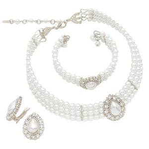 White 3pcs Teardrop Pearl Necklace Jewelry Set, These Necklace jewelry sets are Elegant. Beautifully crafted design adds a gorgeous glow to any outfit. Get ready with these 3row Pearl Necklace and a bright Bracelet. Suitable for wear Party, Wedding, Date Night or any special events. Perfect Birthday, Thank you Gift. 