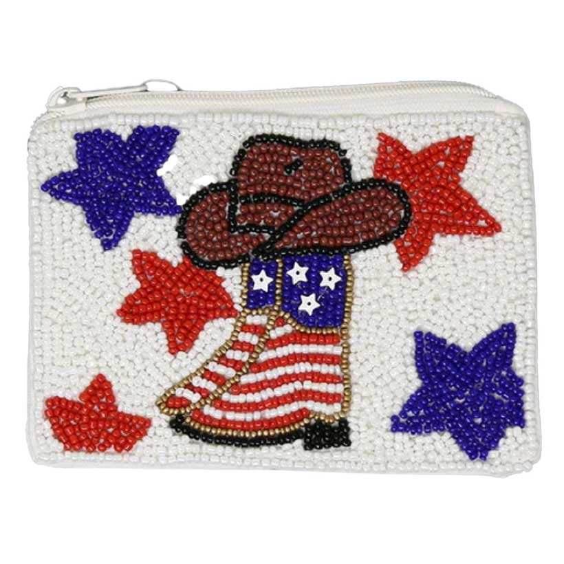 White American Flag Cowboy Boots Seed Beaded Coin Purse, looks like the ultimate fashionista when carrying this seed beaded coin purse, great for when you need something small to carry or drop in your bag. Show your love for Your country with this sweet patriotic American flag-seed beaded coin purse. Red, white, and blue are used for a trendy fireworks flare. Whether you're shopping, heading to the pool, or the beach, This is the perfect accessory.
