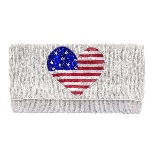 White American USA Flag Heart Seed Beaded Clutch Crossbody Bag. Look like the ultimate fashionista when carrying this small chic bag, great for when you need something small to carry or drop in your bag. Keep your keys handy & ready for opening doors as soon as you arrive. Perfect Birthday Gift, Anniversary Gift, Mother's Day Gift.