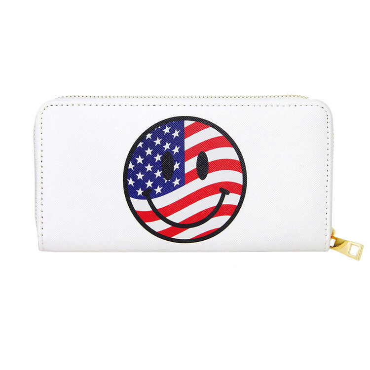White American USA Flag In Smiley Face Wallet, Show your love for our country with this sweet patriotic Smile USA American Flag style Wallet. Look like the ultimate fashionista, beautiful Smile Patterned Zipper Wallet. Perfect for money, credit cards, keys or coins and many more things, light and gorgeous. Perfect Birthday Gift, Anniversary Gift, Just Because Gift, Mother's day Gift, Summer, & night out on the beach etc.